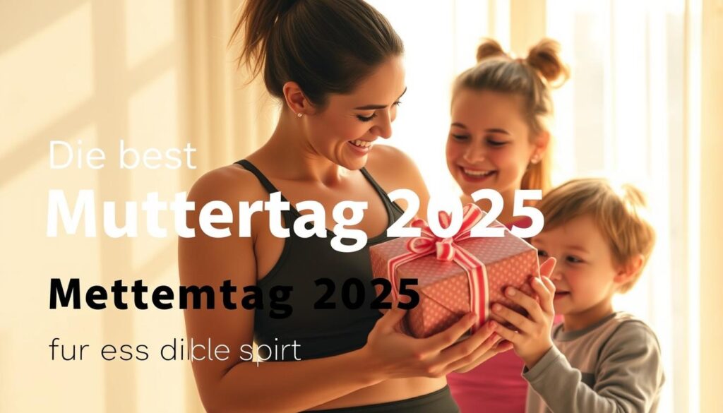 Stylish woman in athletic wear holding a beautifully wrapped gift, her face beaming with joy. Two young children stand beside her, mirroring her excitement. The scene is bathed in warm, natural lighting, creating a sense of intimacy and celebration. "Muttertag 2025" is prominently displayed, showcasing the occasion. The overall atmosphere is one of premium sportiness and familial love, perfectly capturing the essence of the "Die besten Muttertag 2025 Geschenkideen Sport für jedes Budget" section.