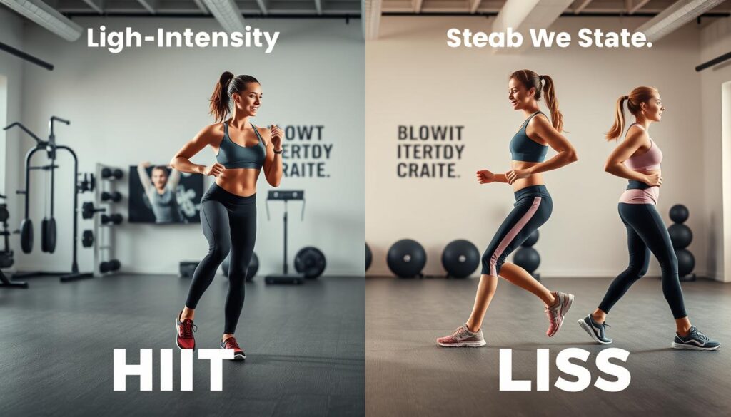 A detailed, side-by-side visual comparison of High-Intensity Interval Training (HIIT) and Low-Intensity Steady State (LISS) cardio exercises. A well-lit studio scene with two fit models, one performing HIIT exercises like burpees and the other doing LISS activities like brisk walking. The background showcases workout equipment, motivational slogans, and a neutral color palette to keep the focus on the two exercise types. Crisp, high-resolution photography with a shallow depth of field, capturing the intensity and energy of HIIT versus the controlled, steady pace of LISS. The overall mood is dynamic, educational, and visually engaging to illustrate the key differences between these two cardio approaches.