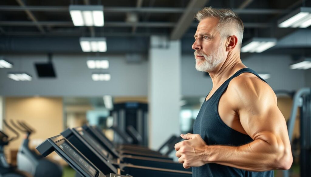 A middle-aged man doing cardio exercises in a well-lit gym. In the foreground, he is jogging on a treadmill, his face determined and focused. The background features various fitness equipment like exercise bikes and weight racks, creating an atmosphere of a professional workout facility. The lighting is bright and even, highlighting the man's muscular physique and the clean, modern design of the gym. The overall mood is one of health, vitality, and dedication to a fitness routine tailored for the specific needs of men over 40.