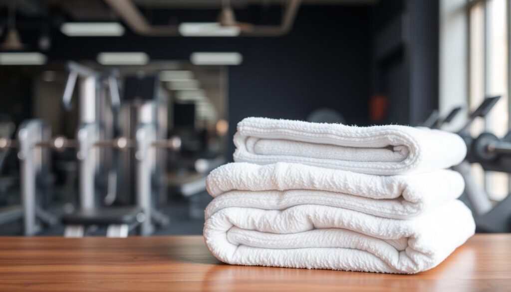 A neatly folded stack of fresh, clean fitness towels resting on a wooden surface, illuminated by soft, diffused lighting. The towels are pristine white, their fluffy texture and plush feel evident. In the background, a blurred scene of a modern, well-equipped gym with gleaming equipment and sleek, minimalist design. The overall mood is one of cleanliness, wellness, and attention to detail, reflecting the importance of proper fitness towel maintenance.