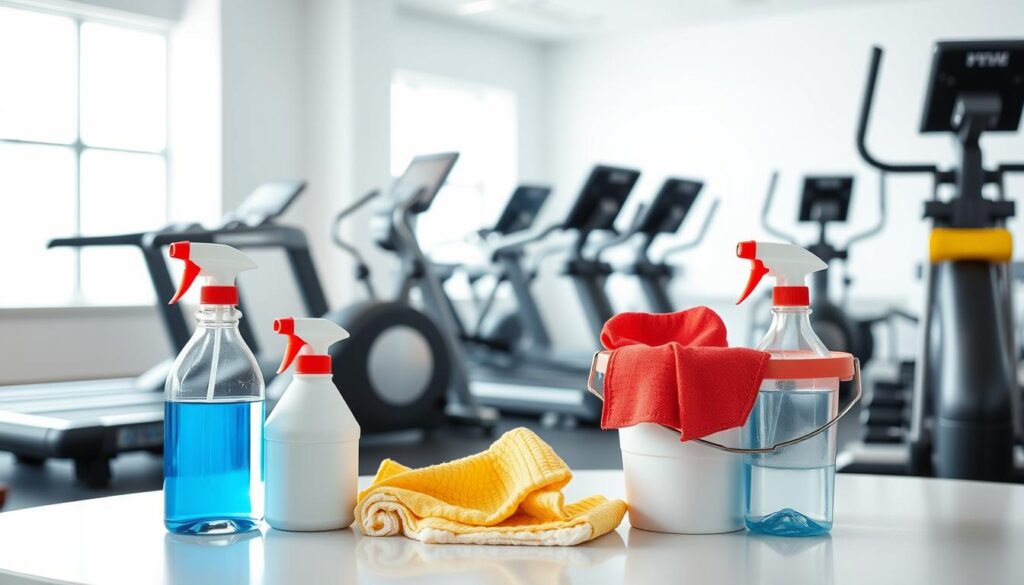 A well-lit and neatly organized fitness equipment cleaning station. In the foreground, an assortment of cleaning supplies - disinfectant sprays, microfiber cloths, and a bucket of soapy water. The middle ground features a variety of fitness machines - treadmills, ellipticals, and weight machines - all gleaming and spotless. The background showcases a clean, minimalist gym interior with bright, diffused lighting and a serene, calming atmosphere. The overall scene conveys a sense of diligence, hygiene, and a commitment to maintaining top-notch fitness equipment for gym-goers.