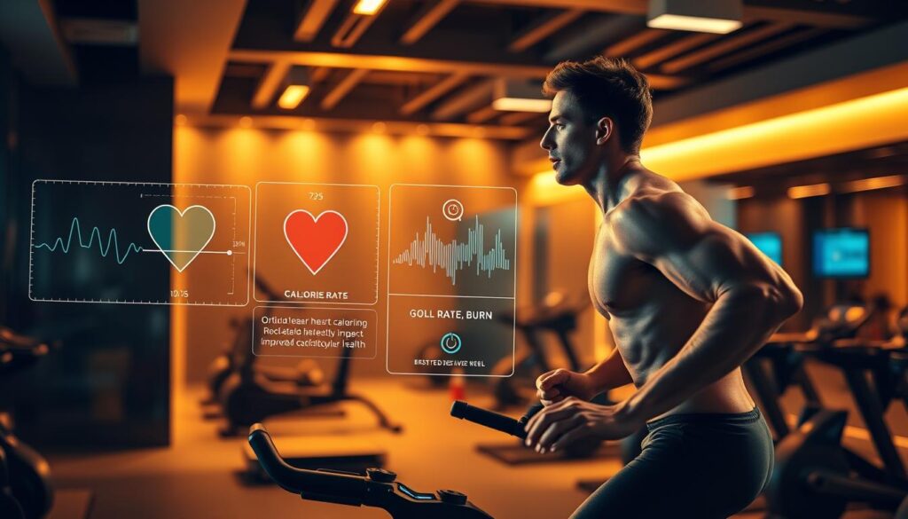 A well-lit, cinematic scene depicting the benefits of cardio training for men. In the foreground, a muscular male athlete performs a dynamic cardio exercise such as running or cycling, his body in motion, conveying the physical exertion and energy of the workout. In the middle ground, holographic data visualizations display metrics like heart rate, calorie burn, and improved cardiovascular health. In the background, a sleek, minimalist gym interior with state-of-the-art equipment, bathed in warm, golden lighting to evoke a sense of wellness and vitality. The overall mood is aspirational, highlighting the transformative power of cardio training for the modern, health-conscious man.