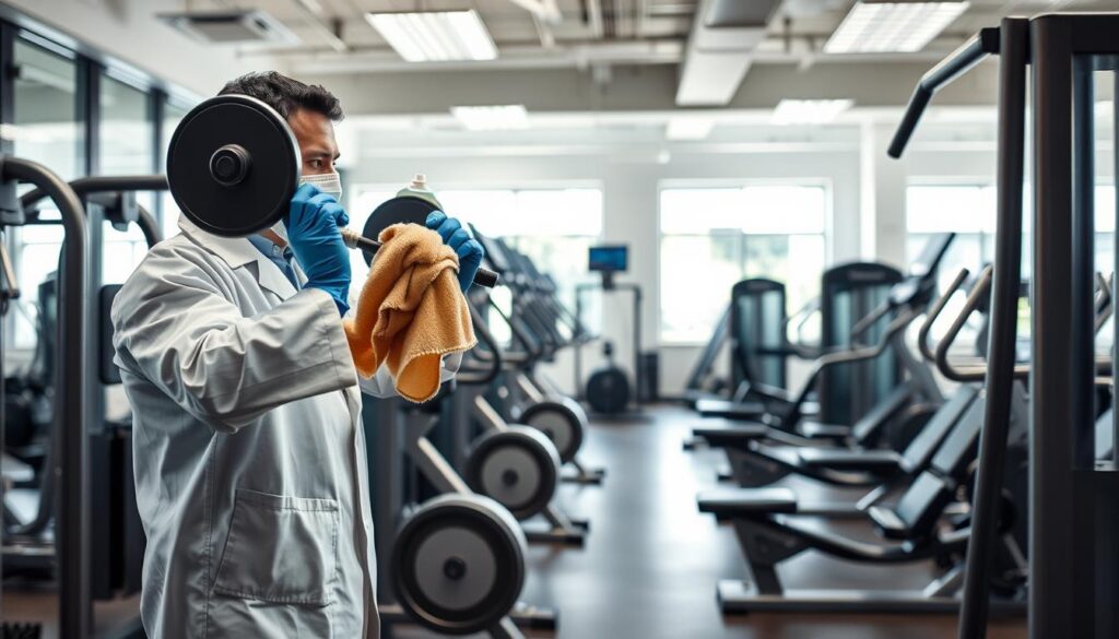 A well-lit, high-resolution image showcasing proper gym equipment disinfection. In the foreground, a worker in a lab coat meticulously wipes down a weight machine with a disinfectant-soaked cloth. The middle ground features a row of different workout machines, each being thoroughly cleaned. In the background, the gym's clean, well-ventilated interior is visible, with windows letting in natural light. The image conveys a sense of diligence, cleanliness, and attention to detail in maintaining a safe, hygienic fitness environment.