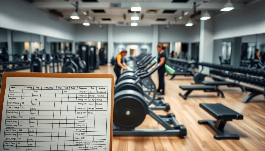 A well-organized fitness studio cleaning plan, captured with a wide-angle lens and even lighting. The foreground shows a detailed cleaning schedule, with specific tasks and frequency for each piece of equipment. The middle ground features a group of cleaners wiping down machines, their motions conveying a sense of efficiency and attention to detail. In the background, the studio space is pristine and inviting, with neatly arranged free weights, benches, and other fitness tools. The overall mood is one of professionalism, cleanliness, and a commitment to maintaining a safe, hygienic workout environment for gym members.