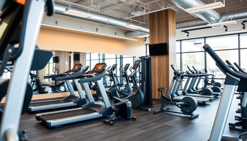 Ein Bild von einem Fitnessstudio mit modernen Geräten und einer freundlichen Atmosphäre.
