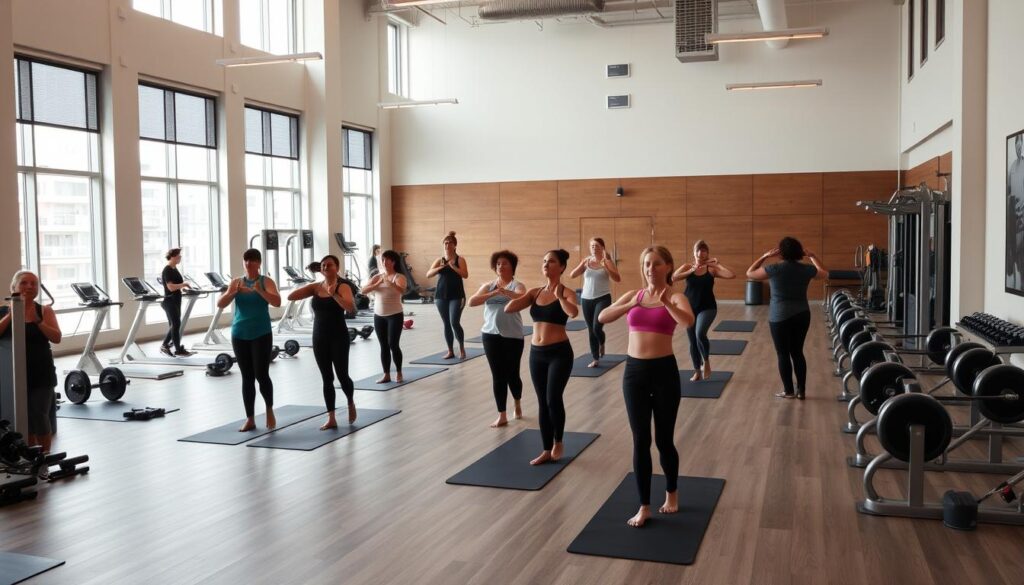 Fitness First wellness area in an urban gymnasium. A modern, well-equipped space with natural lighting streaming through large windows. Mats, weights, and exercise machines arranged in a practical layout. Patrons of diverse ages and body types engage in a variety of low-impact activities like yoga, Pilates, and stretching. Relaxing yet energizing atmosphere, with muted colors and clean design elements. Sleek, minimalist aesthetic conveys an approachable, premium fitness experience. Attention to detail in flooring, lighting fixtures, and discrete branding highlights Fitness First's commitment to quality.