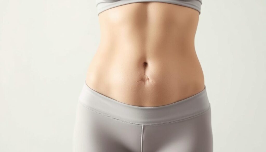 A close-up view of a person's abdomen, highlighting the fat tissue beneath the skin. The subject is in a neutral standing position, wearing light, form-fitting athletic wear. The lighting is soft and diffused, creating a sense of clinical detachment. The background is a plain, clean environment, allowing the focus to remain on the central subject. The image conveys a scientific, educational tone, suitable for illustrating the "Die Wissenschaft hinter nüchternem Cardio" section of the article "Nüchternes Cardio: Vorteile und Risiken erklärt".