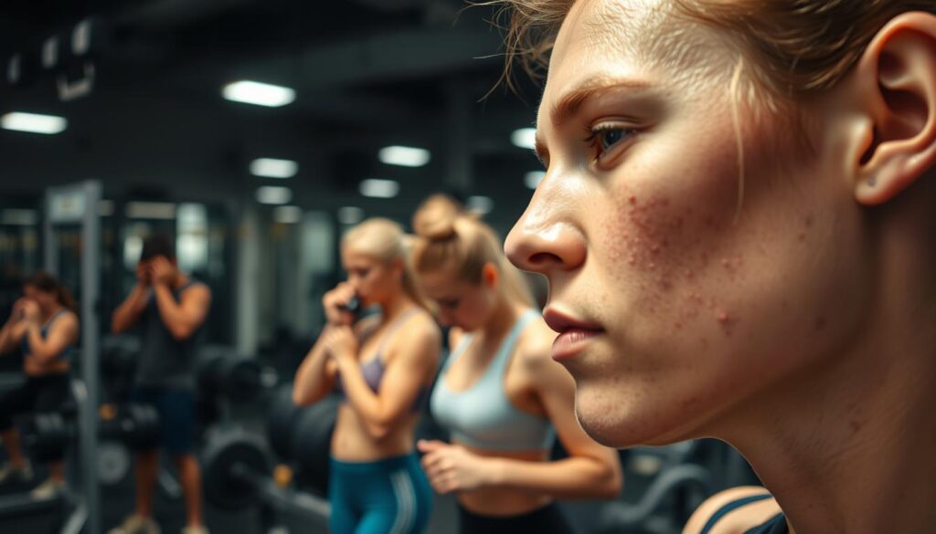 A dimly lit modern gym interior, with a focus on a group of people engaged in various fitness activities. In the foreground, a close-up view of a person's face, their skin visibly blemished with acne and irritation, reflecting the challenges of maintaining healthy skin in an active, sweaty environment. The middle ground features other gym-goers, some wiping sweat from their faces, highlighting the importance of proper skincare and hygiene in such settings. The background showcases the typical gym equipment, weights, and machines, creating a sense of the active, high-intensity atmosphere that can contribute to skin problems. Soft, warm lighting casts a subtle glow, emphasizing the tension between the pursuit of physical fitness and the need for effective skin management.