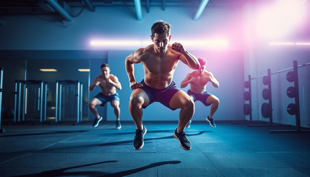 A dynamic, high-intensity Tabata training session captured in a vibrant, energetic image. In the foreground, a determined athlete performing a series of squat jumps, their muscles taut with effort. The middle ground features a minimalist yet modern gym setting, with sleek equipment and clean lines. In the background, a pulsing neon overlay suggests the rhythmic, interval-based nature of Tabata, creating a sense of urgency and intensity. Dramatic lighting casts dynamic shadows, accentuating the athlete's powerful movements. The overall composition conveys the challenge and exhilaration of this efficient, full-body workout.