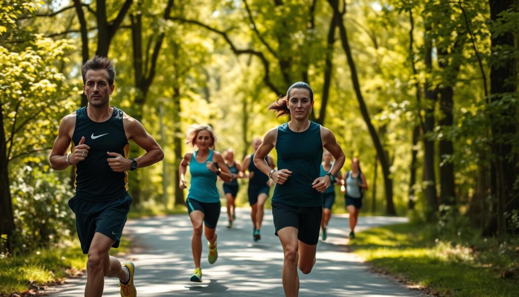 A group of athletes running on a winding, tree-lined path, engaged in Fartlek training. The foreground features two runners side-by-side, their faces determined as they push through the workout. In the middle ground, several more runners are visible, their strides varying in pace as they speed up and slow down. The background depicts a lush, verdant forest, sunlight filtering through the leaves and creating a warm, energetic atmosphere. The scene is captured with a wide-angle lens, emphasizing the sense of movement and the participants' immersion in the natural setting. The lighting is natural, with soft shadows and highlights accentuating the runners' forms. An image that conveys the dynamic, interval-based nature of Fartlek training in an engaging, visual manner.