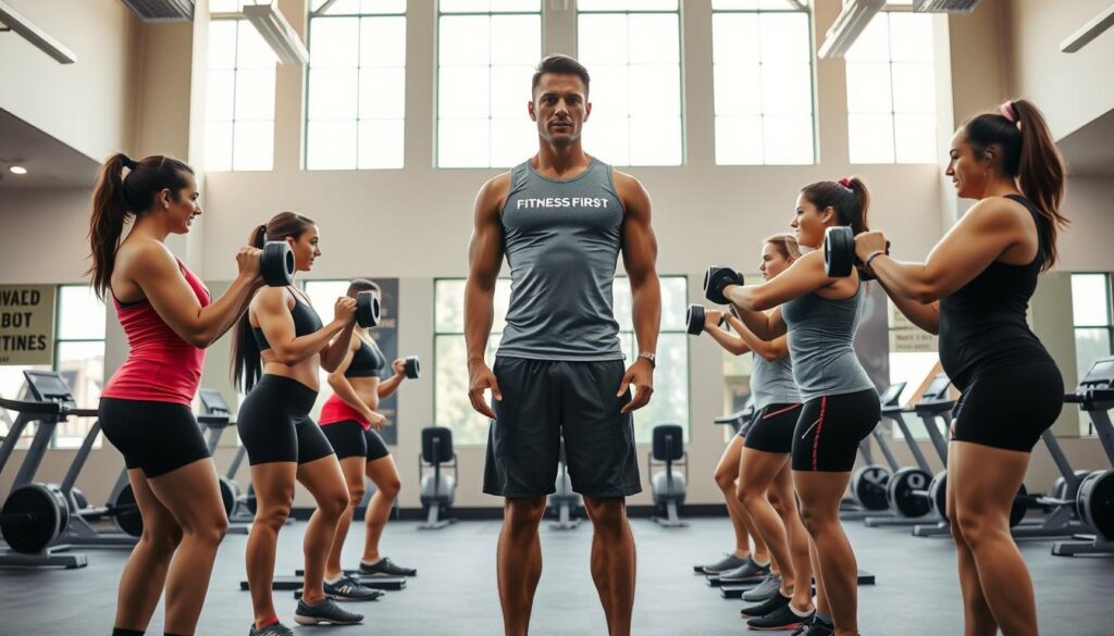 A modern, well-equipped gym interior with high ceilings and large windows letting in natural light. In the center, a Fitness First trainer stands tall, exuding confidence and expertise. They wear a fitted athletic top and shorts, their physique toned and muscular, a reflection of their dedication. The trainer is guiding a small group of clients through a strength training routine, their movements precise and encouraging. The clients, a diverse mix of ages and body types, mirror the trainer's form, their faces determined yet relaxed. Sleek equipment lines the perimeter, while motivational slogans adorn the walls, creating an atmosphere of premium yet accessible fitness. The overall scene conveys a sense of community, professionalism, and a commitment to helping people achieve their health and wellness goals.