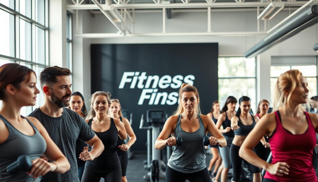 A modern, well-equipped gym interior with natural light streaming through large windows. In the foreground, a group of people engaged in a high-intensity group fitness class led by an experienced instructor, their expressions determined as they push through the workout. The middle ground features individuals using a variety of cardio and strength training equipment, their faces focused and bodies in motion. In the background, a sleek branding wall displays the "Fitness First" logo, conveying a sense of premium, accessible fitness. The overall atmosphere is one of energy, dedication, and a commitment to a healthy lifestyle.