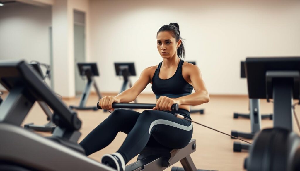 A person in athletic wear sits on a modern rowing machine, engaged in an intense cardio workout. The foreground is crisp and well-lit, with the rower's determined expression and dynamic pose capturing the physical effort. The middle ground features a clean, minimalist gym environment, with sleek machines and neutral-toned walls. The background is softly blurred, suggesting an airy, spacious setting conducive to focused training. The scene conveys the benefits of rowing machine exercise - improved cardiovascular fitness, muscle tone, and mental focus - through a visually compelling, technically proficient depiction.