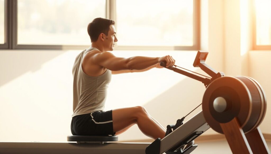 A rower sits on a sleek, modern rowing machine, their back straight and shoulders engaged as they pull the handle towards their chest in a smooth, powerful motion. The machine's frame is crafted from gleaming metal and sturdy wood, its design optimized for efficient, low-impact workouts. Warm, natural lighting filters in through large windows, casting a soft glow on the rower's focused expression. The background is minimalist, keeping the attention on the rower's precise, controlled technique. The scene exudes a sense of discipline, determination, and the pursuit of physical excellence.
