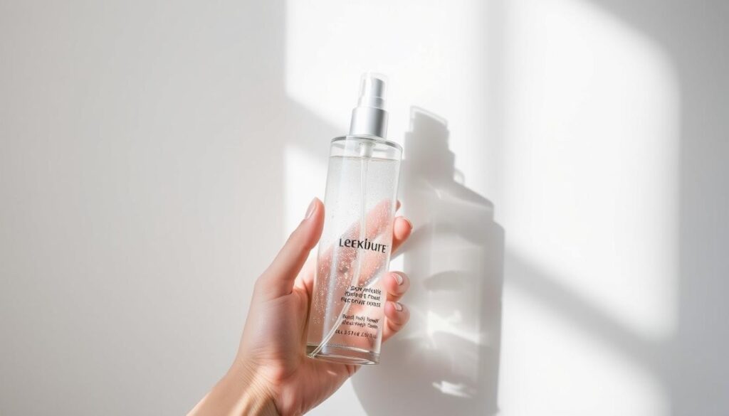 A sleek, modern bottle of body mist set against a clean, minimalist background. The bottle is held in a soft, natural light, casting gentle shadows that highlight its elegant, cylindrical shape and translucent glass. The fluid inside has a delicate, shimmering quality, evoking a sense of immediate, revitalizing refreshment. The overall scene conveys a feeling of crisp, effortless rejuvenation, perfectly capturing the essence of a "Schnelle Frische-Tricks für zwischendurch".