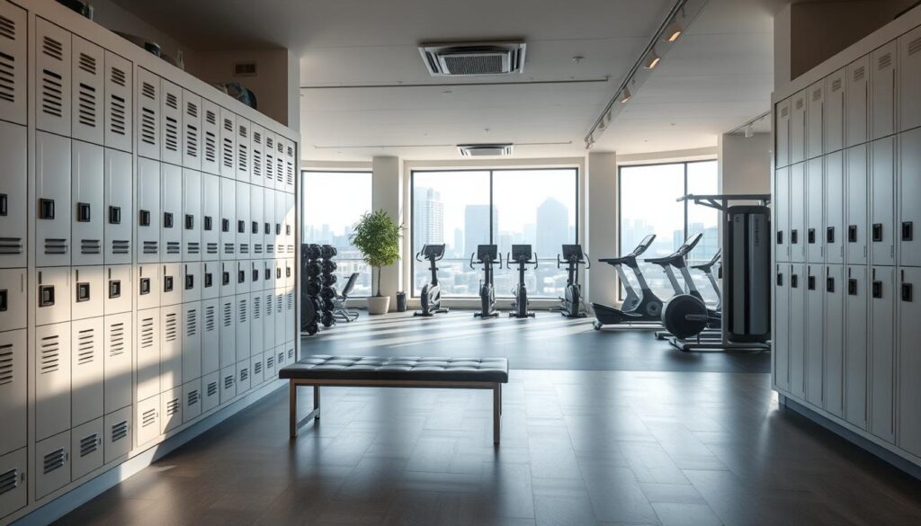 A well-lit, clean and organized fitness studio interior. In the foreground, a meticulously kept locker area with individual lockers and a neatly arranged bench. The middle ground showcases a modern, spacious workout space with state-of-the-art exercise equipment. The background features large windows overlooking an urban landscape, allowing natural light to flood the scene. The overall atmosphere conveys a sense of hygiene, order and a commitment to personal wellness. Soft, diffused lighting creates a serene, welcoming ambiance. The camera angle is slightly elevated, providing a comprehensive view of the space.