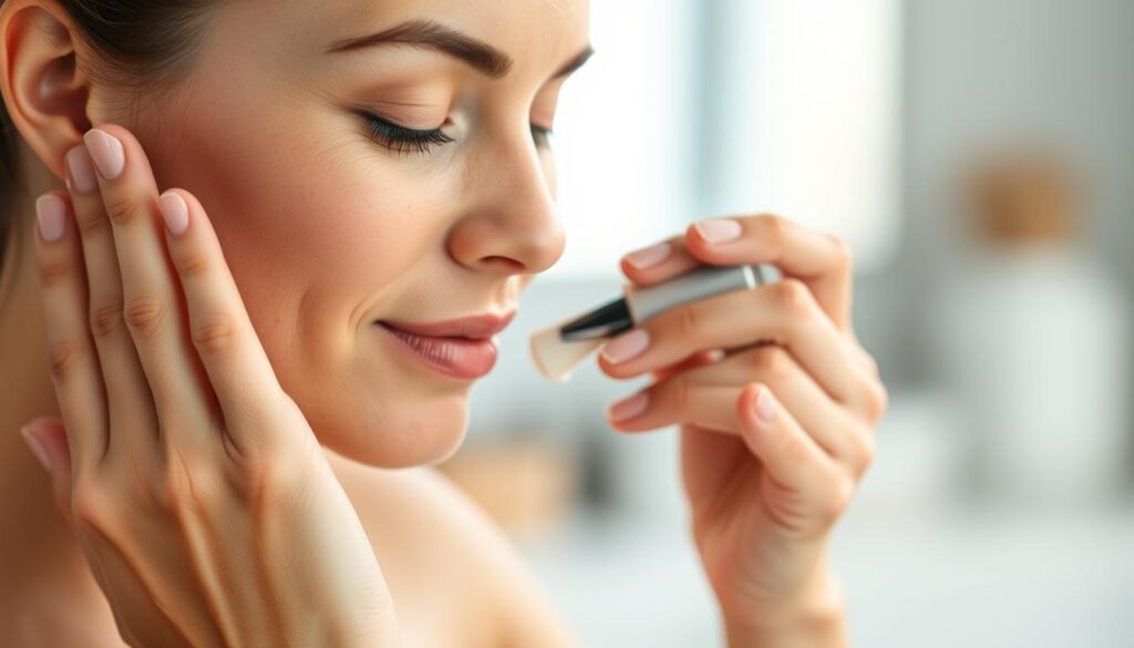A well-lit, high-resolution close-up photograph of a woman's hands applying moisturizer to her face before a workout. The skin is glowing and healthy, and the woman's expression is calm and focused. The background is blurred, emphasizing the skincare routine. The lighting is soft and flattering, creating a serene, spa-like atmosphere. The image conveys the importance of proper skincare before exercise to prevent blemishes and maintain a clear, radiant complexion.