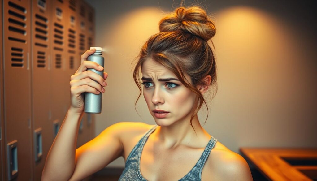 A young woman in a gym locker room, her hair in a messy bun, looking worried. She is using a dry shampoo or similar hair product to refresh her locks without washing, trying to salvage her hairstyle after a intense workout. Warm studio lighting casts a soft glow, highlighting the texture of her hair. The background is minimalist, with lockers and benches suggesting the gym setting. The woman's expression conveys a sense of relief as she revives her hair, ready to head out and continue her day without the need for a full wash.
