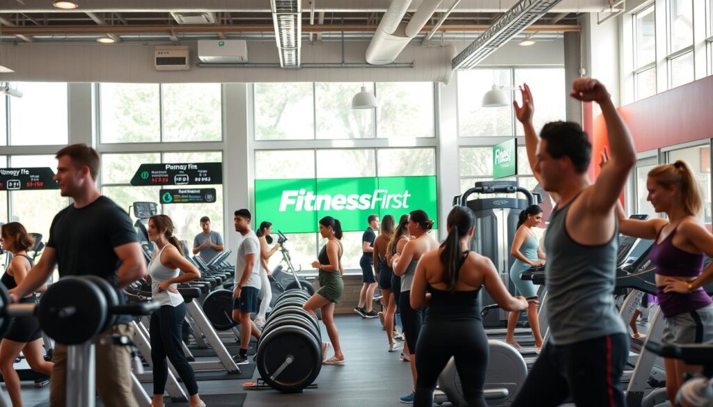 An indoor Fitness First gym scene with a mix of modern and classic equipment. Well-lit space with natural light streaming through large windows, creating a warm and inviting atmosphere. Patrons of diverse ages and body types engaged in a variety of workout activities - weight lifting, cardio, yoga, and more. Emphasis on a premium yet accessible fitness experience, catering to different fitness levels and goals. The gym's branding and signage visible, showcasing the Fitness First logo and design elements. The overall scene conveys an active, healthy, and energetic lifestyle.