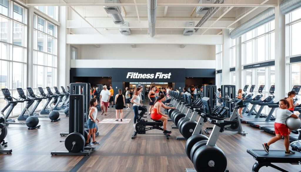 An indoor scene of a modern Fitness First gym, featuring a wide open-concept layout with high ceilings and abundant natural light flooding in through large windows. The space is populated with an array of state-of-the-art exercise equipment, including free weights, strength training machines, and cardio machines such as treadmills and stationary bikes. Fitness enthusiasts of diverse ages and body types can be seen throughout the space, engaged in their workouts with focused intensity. The overall atmosphere radiates a sense of motivation, productivity, and a premium fitness lifestyle. The Fitness First branding is prominently displayed, conveying a sense of accessibility and professionalism.