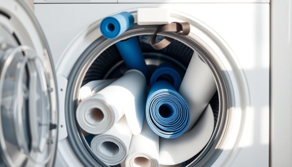 Bright, natural lighting illuminates a washing machine interior filled with white and blue yoga mats. The mats are gently tumbling against a backdrop of clean, minimalist appliance panels. Foam rollers, blocks, and straps are neatly arranged on top, suggesting a comprehensive gym cleaning routine. The overall mood is one of freshness, efficiency, and attention to health and wellness. Soft shadows and reflections create a sense of depth, while the camera angle provides an intimate, up-close view of the cleaning process.