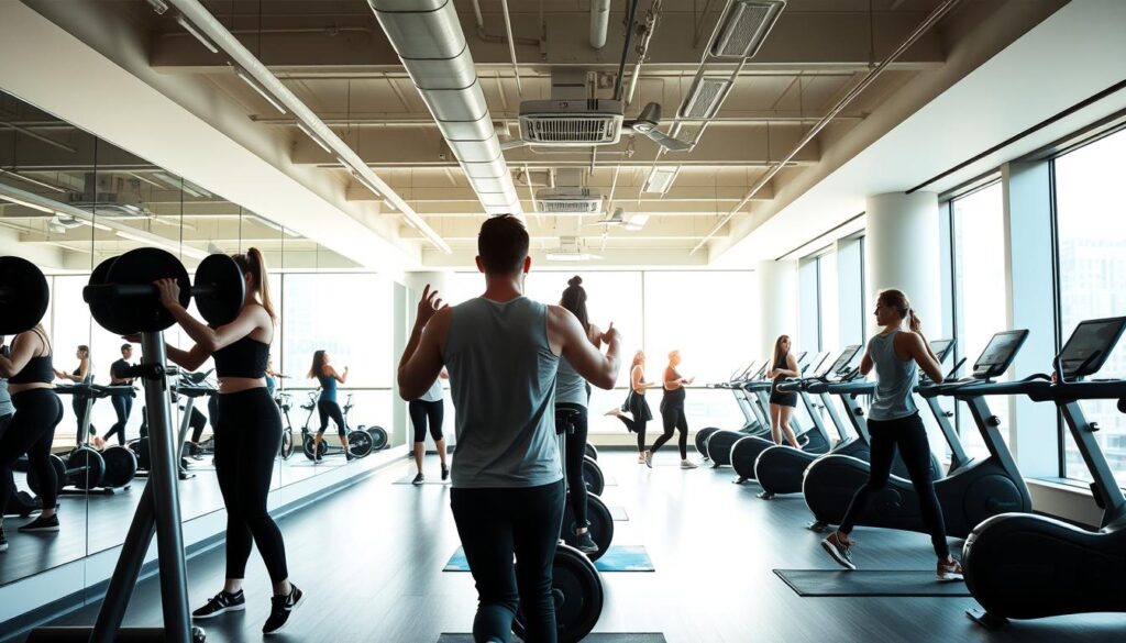 Fitness First Studio: a premium yet accessible urban gym, showcasing a vibrant fitness lifestyle. A bright, spacious interior with modern, high-end equipment. Clients engaged in various routines - weightlifting, cardio, yoga - their focus and determination palpable. Natural light floods the space, casting a warm, energizing glow. Sleek, minimalist design elements complement the gym's upscale ambiance. Mirrored walls reflect the dynamic movement of the exercisers, creating a sense of depth and fluidity. The overall atmosphere exudes a blend of professionalism and approachability, inviting guests to train with style.