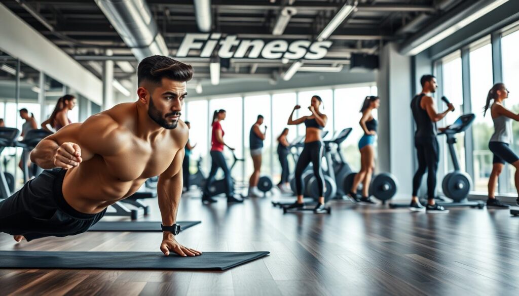 Fitness First gym interior, modern and well-equipped, with a group of diverse people engaged in a range of workout activities. The space features natural lighting, sleek equipment, and a clean, premium aesthetic. In the foreground, a muscular man performs push-ups on a yoga mat, while in the middle ground, a woman lifts weights with focus. In the background, silhouettes of people using cardio machines and engaging in other exercises. The mood is one of healthy discipline, progress, and a sense of community within the Fitness First fitness lifestyle.