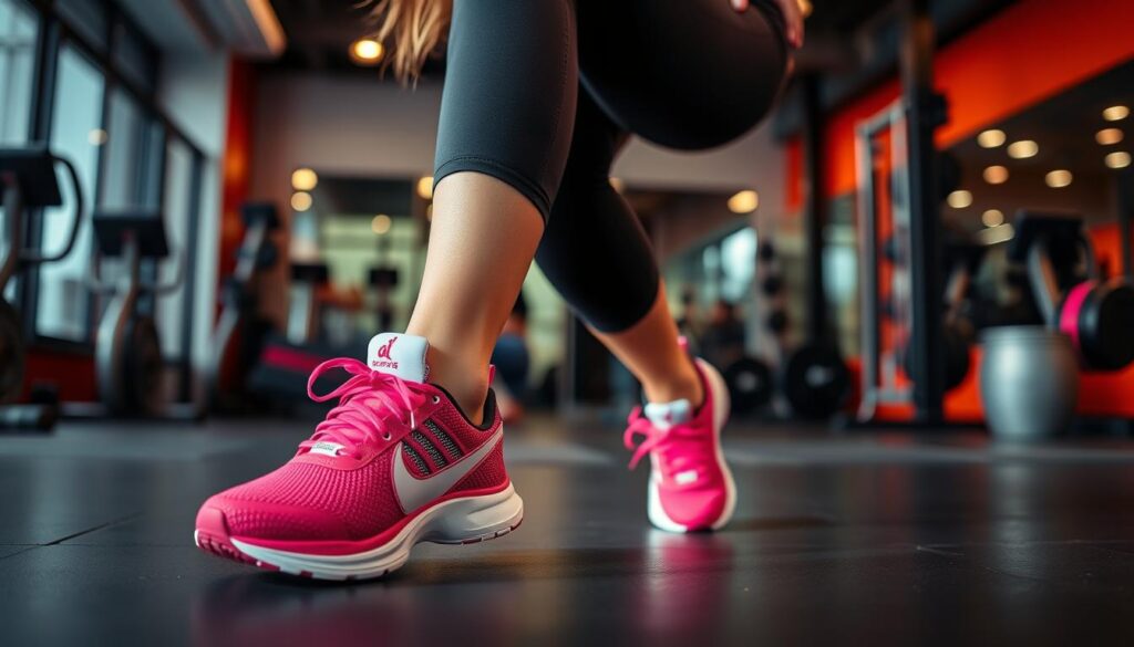 Generate an image of a woman wearing sports shoes with a background of a gym or fitness studio.