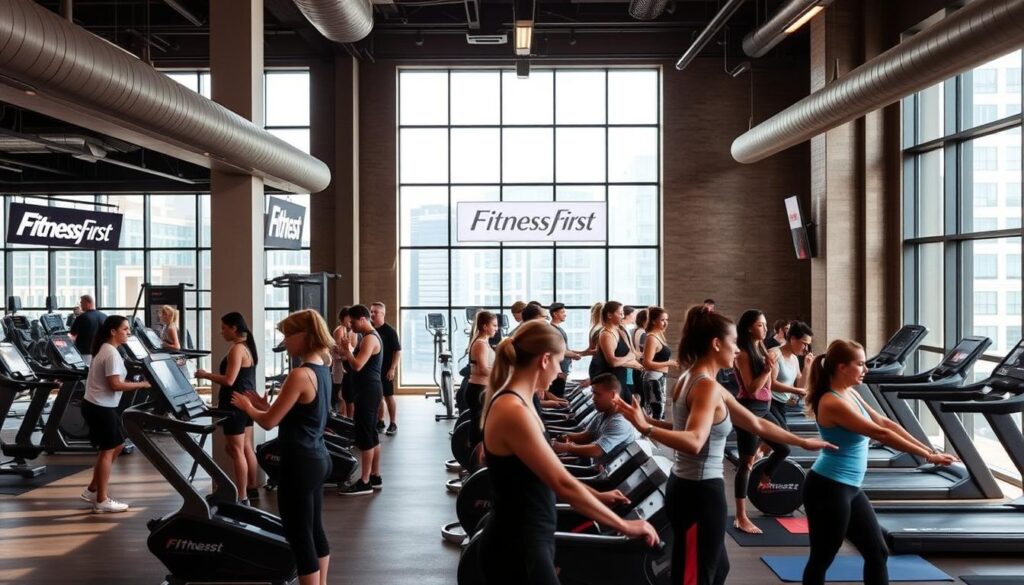 Sophisticated urban gym interior with natural light streaming through large windows. Fitness First branding prominently displayed, exuding a premium yet approachable atmosphere. Diverse group of people engaged in a variety of workouts - weightlifting, cardio, and yoga. Sleek, modern equipment tastefully arranged. Warm color tones, clean lines, and a serene ambiance create an inviting, high-end fitness experience. Capture the flexibility and accessibility of Fitness First memberships, reflecting the article's focus on pausing or transitioning memberships seamlessly.