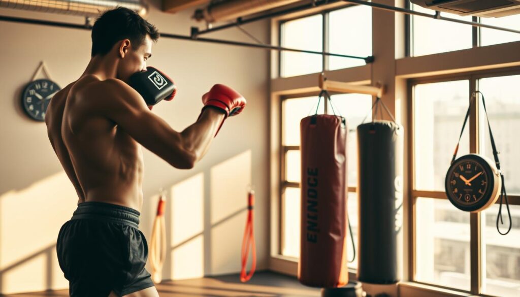 A well-lit, high-angle view of a boxing gym interior. In the foreground, a person in athletic attire is shadowboxing, their movements sharp and focused. The middle ground features heavy bags and jump ropes, suggesting an intense cardio workout. The background showcases a wall-mounted heart rate monitor, highlighting the cardiovascular benefits of the boxing session. Warm, natural lighting filters through large windows, creating a motivating atmosphere. The overall scene conveys the idea of a comprehensive, heart-healthy boxing training regimen.