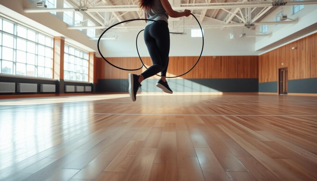 A well-lit, large gymnasium, with gleaming hardwood floors. In the foreground, a person gracefully jumps rope, their silhouette captured mid-stride against a bright, diffused background. Trailing behind them, a panoramic view of the spacious room, filled with natural light filtering in through large windows. The person's form is sharp and in focus, showcasing the fluid motion and control required for successful rope jumping. The scene exudes an atmosphere of health, fitness, and the benefits of this dynamic exercise. Soft, warm tones create an inviting and uplifting mood, perfectly capturing the advantages of this versatile workout.