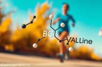 A close-up view of branched-chain amino acids (BCAAs) in a dynamic, energetic background, illustrating their role in endurance training. The foreground features the molecular structures of leucine, isoleucine, and valine, rendered with scientific precision against a blurred, vibrant backdrop of a runner in motion, symbolizing the synergy between BCAAs and athletic performance. The lighting is warm and natural, casting a subtle glow on the molecular forms, while the overall composition conveys a sense of movement, vitality, and the physiological benefits of these key amino acids during endurance exercise.
