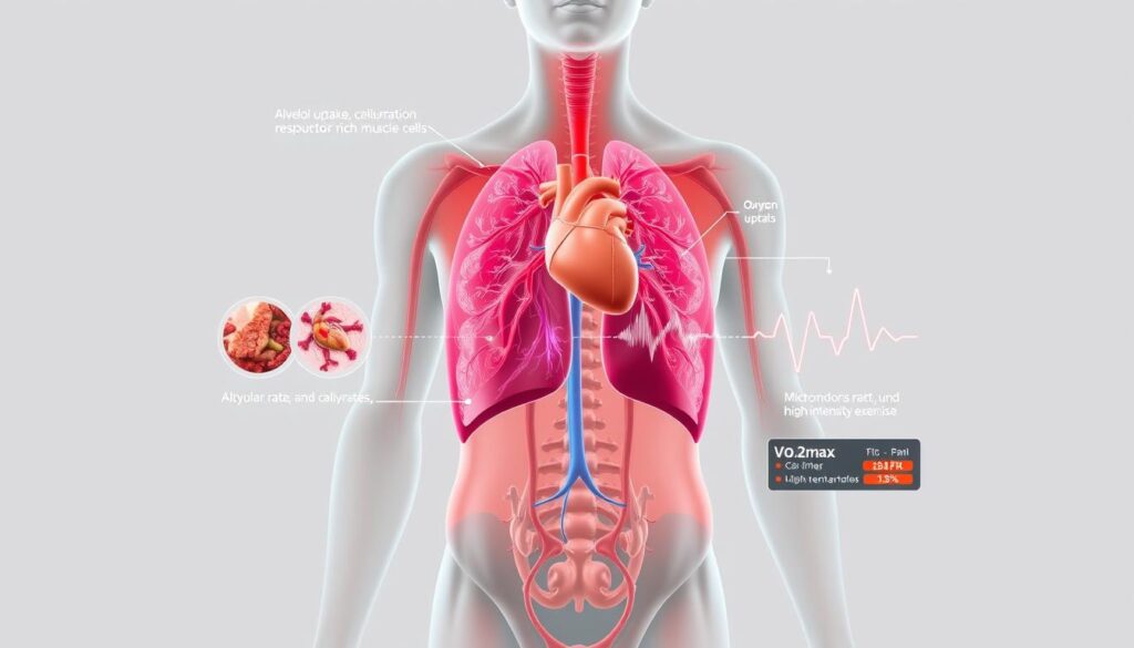 A detailed anatomical illustration showcasing the cardiovascular system and respiratory processes involved in VO₂max. The image should feature a cross-sectional view of the human body, highlighting the lungs, heart, and major blood vessels. The foreground should focus on the oxygen uptake and circulation, with vivid depictions of alveoli, capillaries, and the mitochondria-rich muscle cells. The middle ground should include stylized visualizations of the respiratory rate, heart rate, and cardiac output during high-intensity exercise. The background should provide a clean, minimalist setting to emphasize the scientific and technical nature of the concept. The overall mood should convey a sense of physiological efficiency and athletic performance.