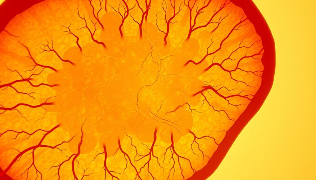 A detailed cross-section of a glycogen storage depot, showcasing the intricate network of glucose-rich granules within muscle cells. The scene is bathed in a warm, golden light, highlighting the granules' translucent, honey-like appearance. Delicate capillaries weave through the tissue, symbolizing the vital role of blood flow in nutrient delivery. The background is a crisp, neutral palette, allowing the central glycogen storage depot to be the focal point. The composition emphasizes the importance of these cellular energy reserves for powering endurance activities, conveying a sense of potential and preparedness for athletic performance.