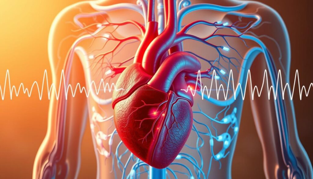 A detailed cross-section of the human autonomic nervous system, interwoven with the rhythmic pulse of the heart. The sympathetic and parasympathetic branches are clearly depicted, with neural pathways pulsing with electrical activity. The heart is shown in the foreground, its intricate chambers and valves visible, surrounded by a halo of variability as the heart rate fluctuates. The composition is backlit with a soft, warm glow, creating a balanced and harmonious atmosphere. The overall scene conveys the complex interplay between the heart and the autonomic nervous system, underscoring the importance of heart rate variability as a window into physiological functioning.