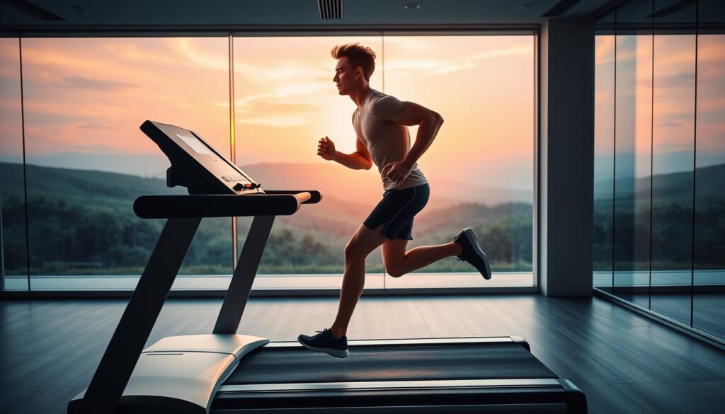 A dynamic and energetic scene of a person performing fasted cardio exercise, against a backdrop of a warm, vibrant sunrise. In the foreground, the figure is running swiftly on a treadmill, their muscles engaged and their expression focused. The middle ground features a sleek, modern gym interior with minimalist design elements, while the background showcases a panoramic view of a serene, natural landscape. Soft, diffused lighting creates an ethereal, uplifting atmosphere, emphasizing the transformative power of fasted cardio as a potent energy source. The overall composition conveys a sense of vitality, discipline, and the fusion of physical and mental well-being.