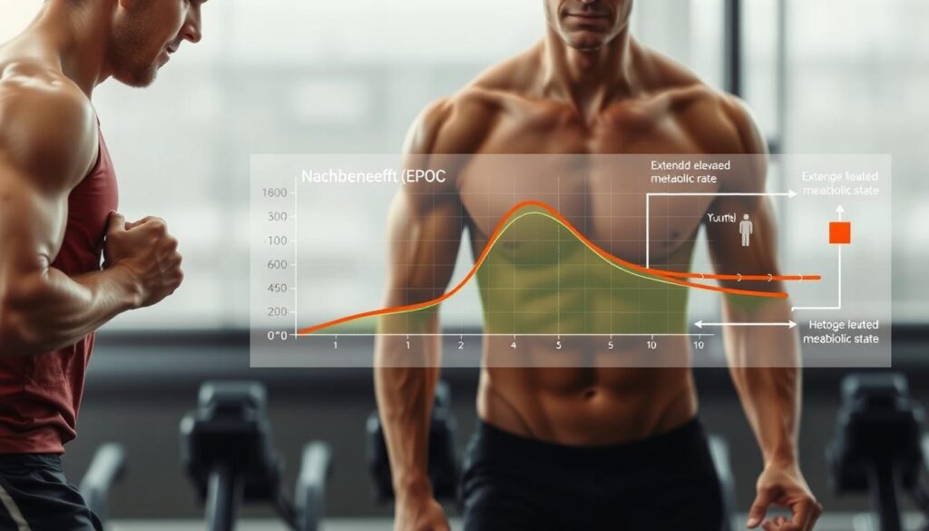 A vibrant, detailed illustration of the three phases of the Nachbrenneffekt (EPOC). In the foreground, a person engages in high-intensity exercise, their muscles pulsing with energy. The middle ground depicts a graph charting the metabolic rate, showing a sharp spike during the exercise followed by a gradual decline. In the background, a schematic representation of the three phases unfolds - the initial spike, the extended elevated metabolic state, and the final return to baseline. The image is rendered with a scientific, technical aesthetic, using clean lines, muted tones, and precise, data-driven visuals to convey the scientific concepts behind the Nachbrenneffekt.