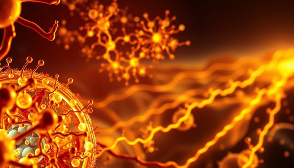 A complex biological process unfolding in vivid detail. In the foreground, a microscopic view of nitrate conversion, with intricate molecular structures and enzymatic reactions. The middle ground features a glowing network of mitochondria, the cellular powerhouses fueling this vital transformation. In the background, a sweeping landscape of muscle fibers, their oxidative capacity enhanced by the products of nitrate metabolism. Warm lighting casts a golden glow, highlighting the dynamic interplay between biochemistry and physiology. A stunning scientific visualization, capturing the essence of the "Nitrate and Endurance" story. A complex biological process unfolding in vivid detail. In the foreground, a microscopic view of nitrate conversion, with intricate molecular structures and enzymatic reactions. The middle ground features a glowing network of mitochondria, the cellular powerhouses fueling this vital transformation. In the background, a sweeping landscape of muscle fibers, their oxidative capacity enhanced by the products of nitrate metabolism. Warm lighting casts a golden glow, highlighting the dynamic interplay between biochemistry and physiology. A stunning scientific visualization, capturing the essence of the "Nitrate and Endurance" story.