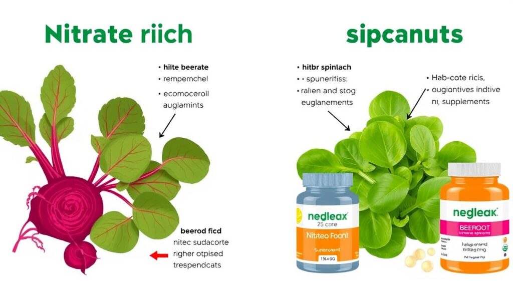 Image comparing nitrate-rich foods like beetroot and spinach with nitrate supplements Image comparing nitrate-rich foods like beetroot and spinach with nitrate supplements