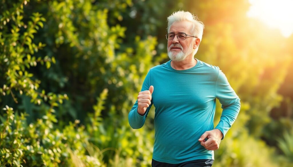 A middle-aged person with diabetes engaging in a brisk outdoor walk, with lush greenery in the background and a bright, warm sun illuminating the scene. The person's body language exudes a sense of vitality and determination, emphasizing the importance of regular physical activity for managing this condition. The camera angle is slightly elevated, capturing the person's full body in a natural, dynamic pose. The overall mood is one of positivity, health, and the empowering benefits of exercise for individuals living with diabetes.